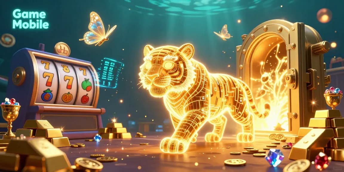 Experience Game Mobile with a neon tiger and dynamic slot gameplay in a vibrant casino landscape.