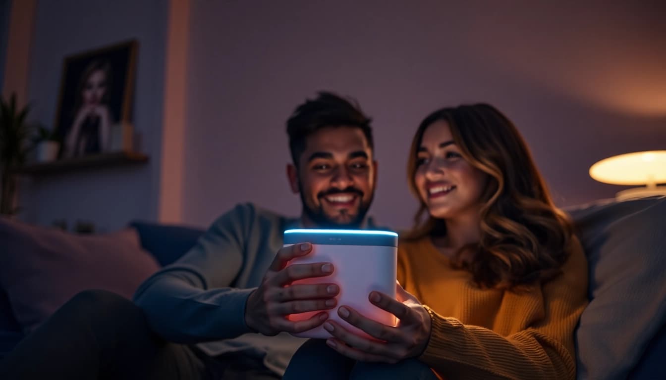 Engaging in innovative interactions with sex AI companionship technology in a cozy setting.