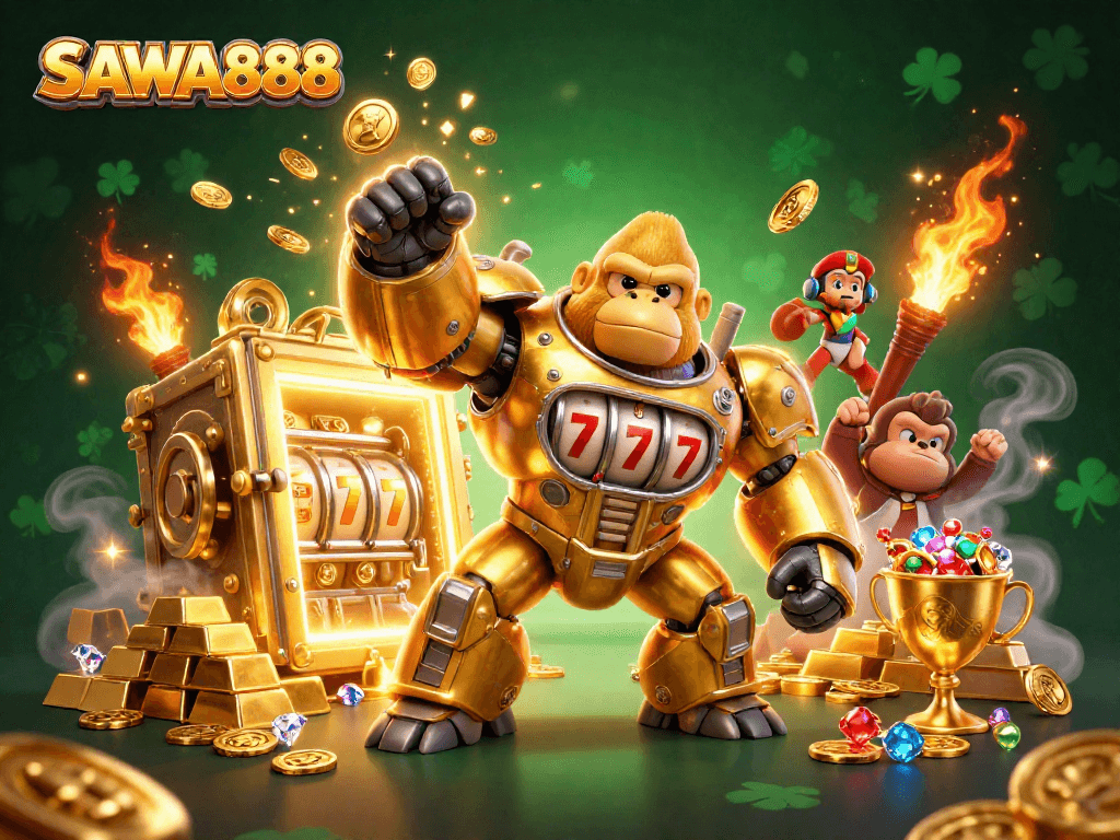 Play thrilling slots with SAWA888’s golden gorilla mech, bursting with coins and treasures.