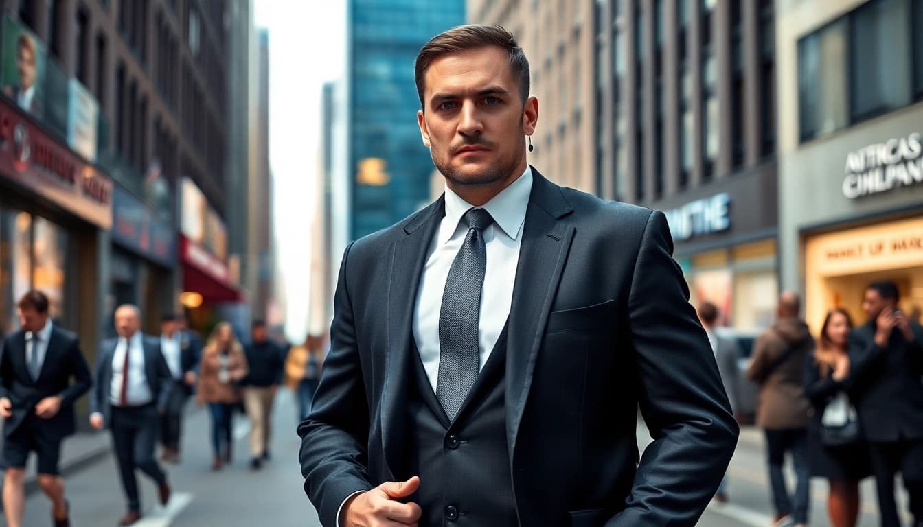 Bodyguard private security professional standing vigilant in an urban setting.