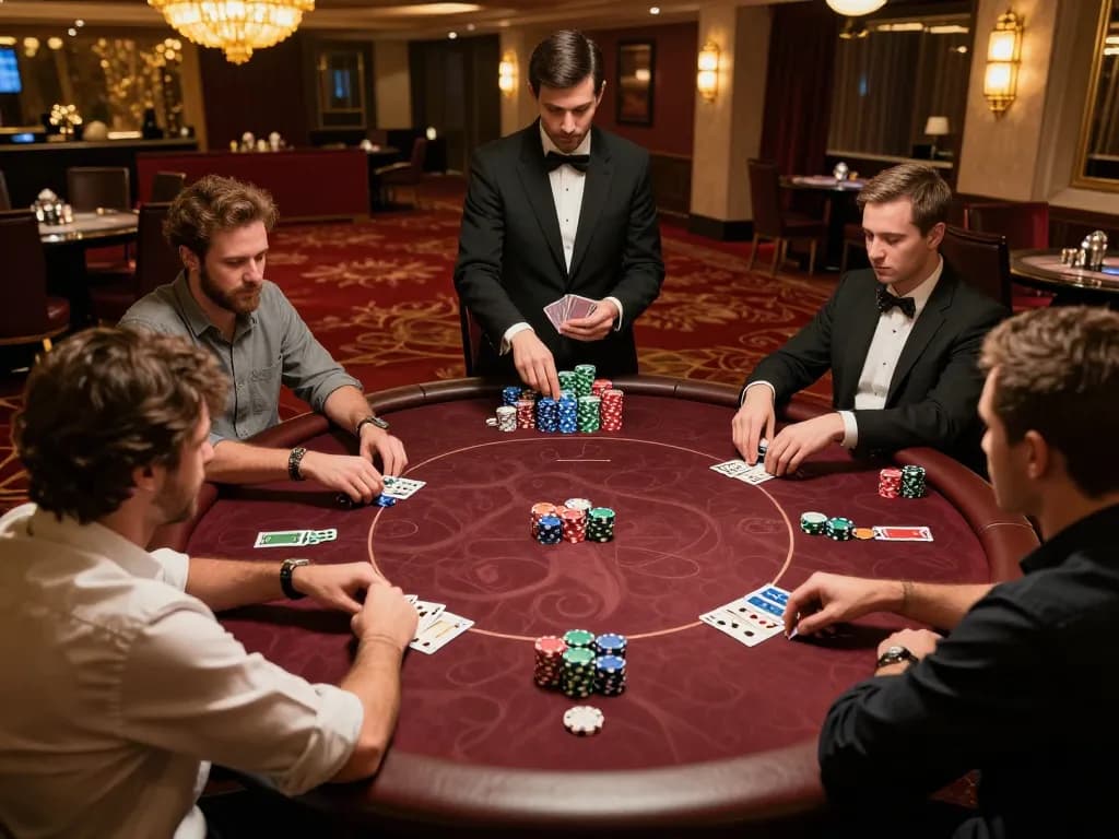 Players strategizing in a luxurious poker game scene at Kuwin casino with colorful chips.