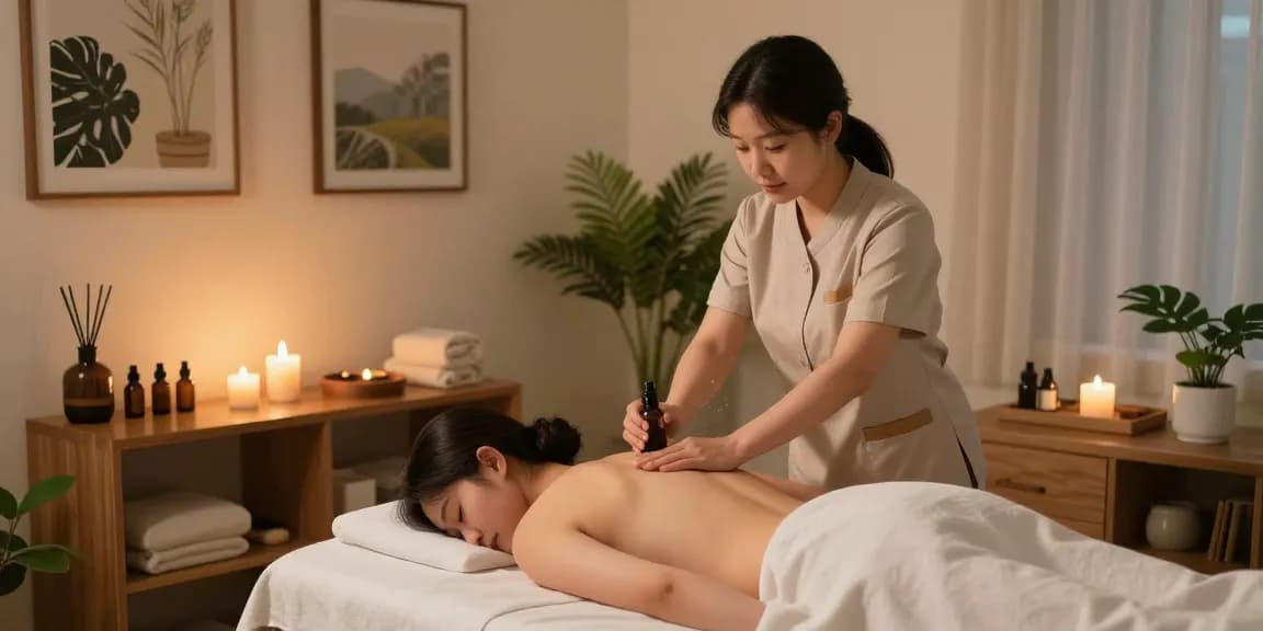 오산출장안마 services in a peaceful massage room with soothing ambiance and therapist applying oils.