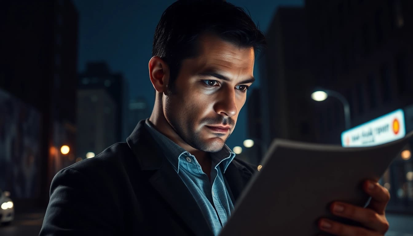 Hire a private eye analyzing evidence in a dimly lit urban environment.