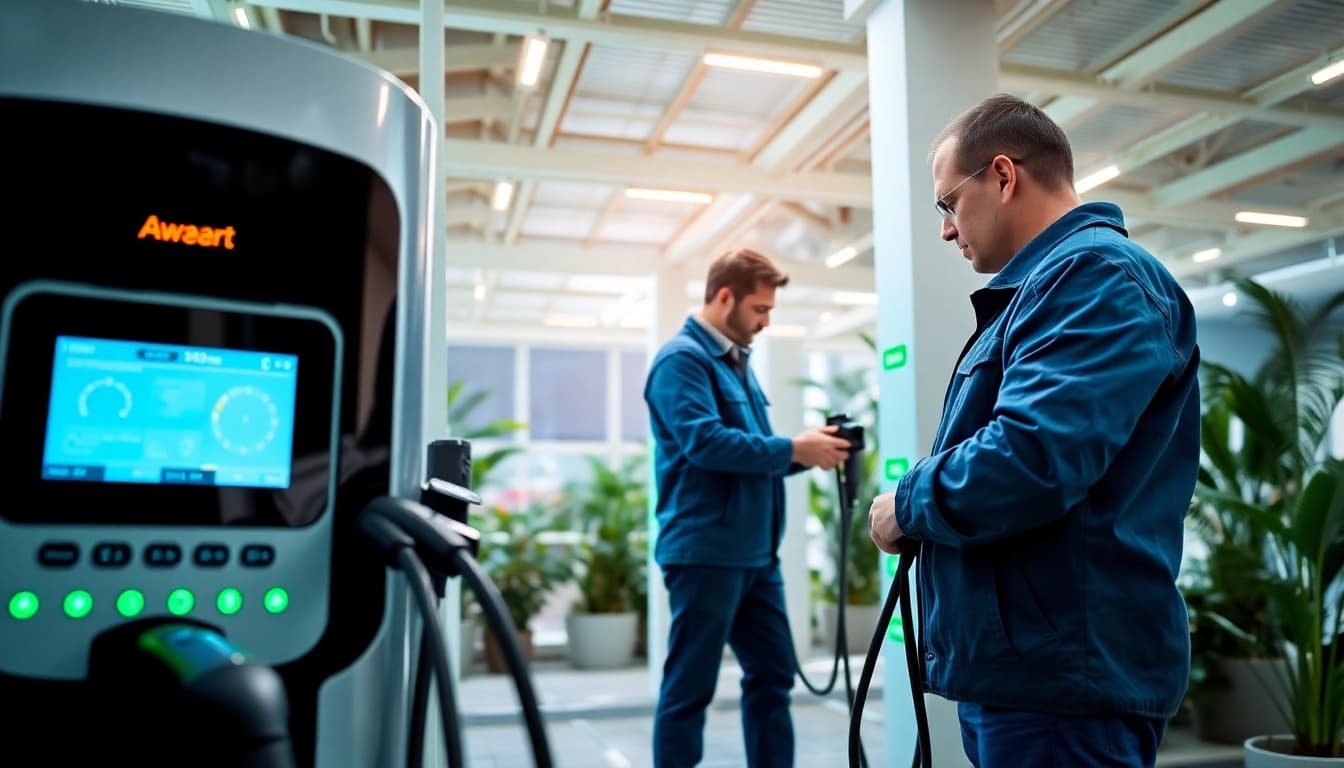 EV Charging Installation with a professional technician at work, highlighting innovative technology.