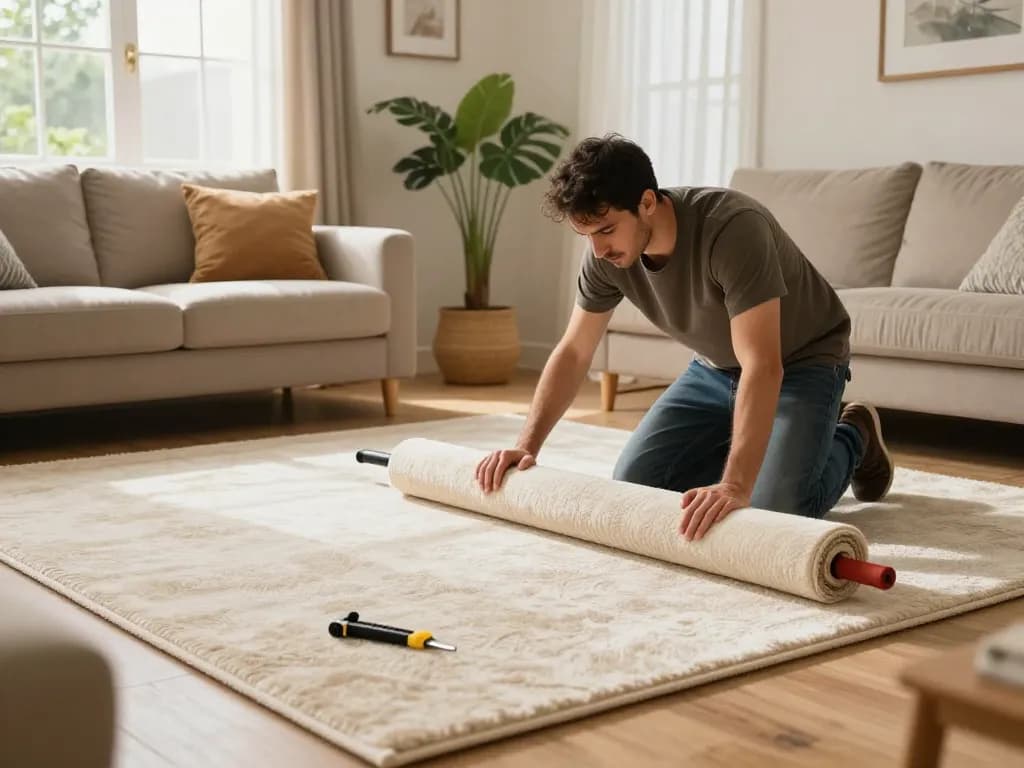 Residential carpet installation process in a cozy living room with a professional installer laying new plush carpet.