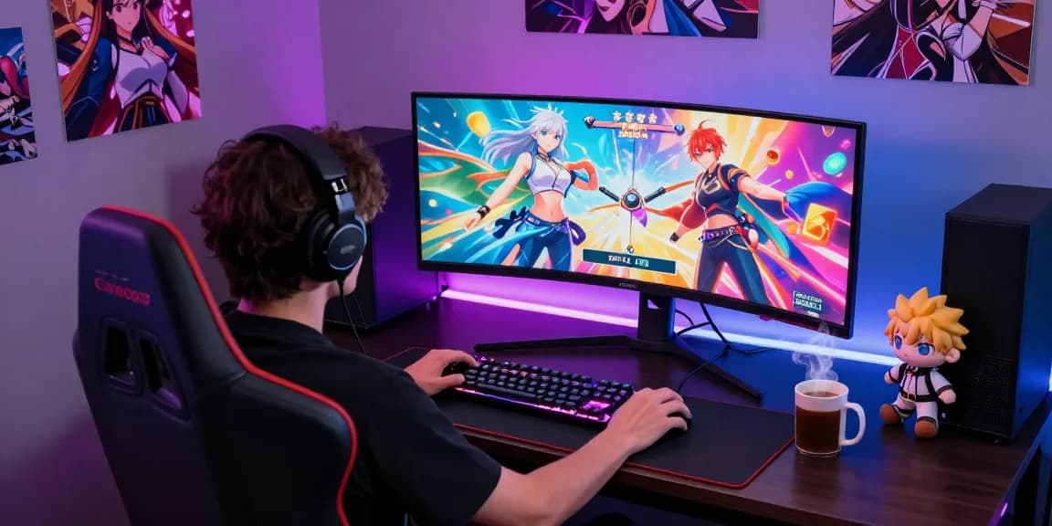 Engaged gamer playing a vibrant hentai game in a colorful setup with ambient lighting.