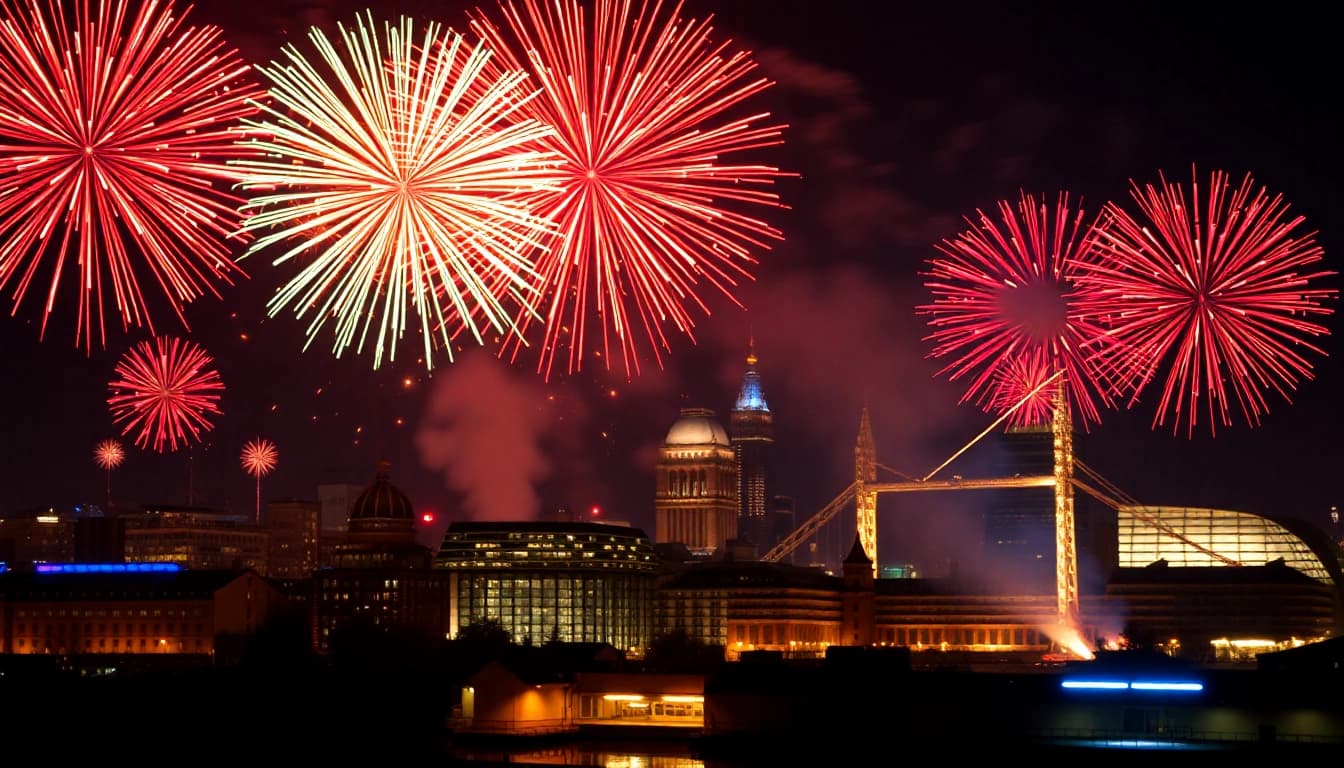 Buy fireworks Manchester showcasing a colorful fireworks display against the Manchester skyline.