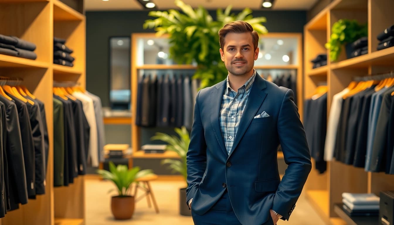 Showcasing stylish designer menswear in a boutique with elegant lighting and warm ambiance.