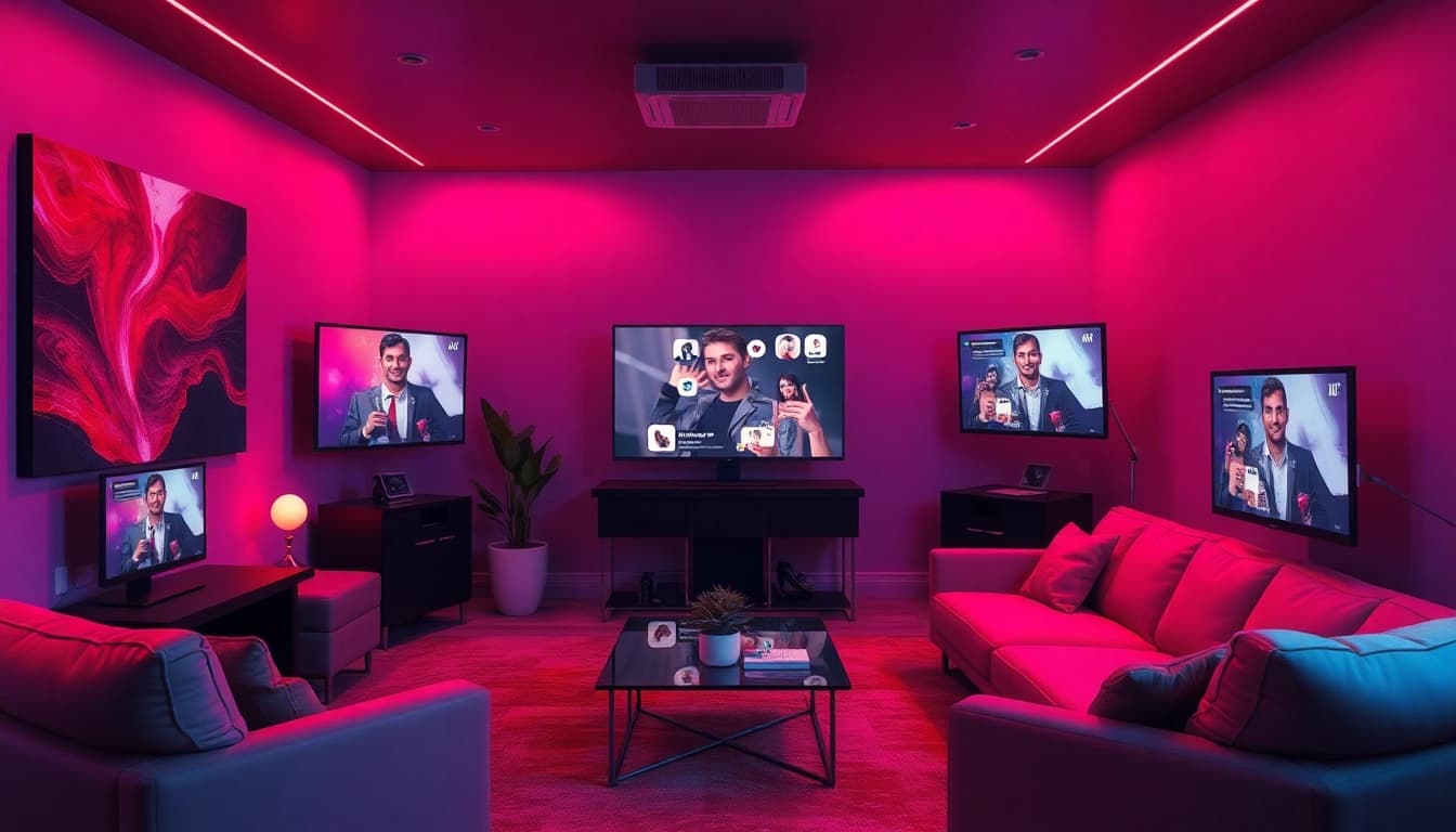 Porn chat scene in a vibrant online room with ambient lighting and engaging digital art.