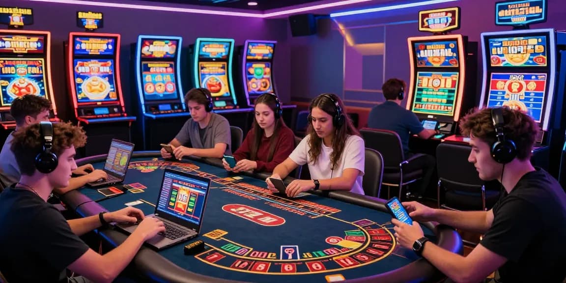 Exciting environment of credit card casinos with players engaging in online gaming activities and vibrant visuals.