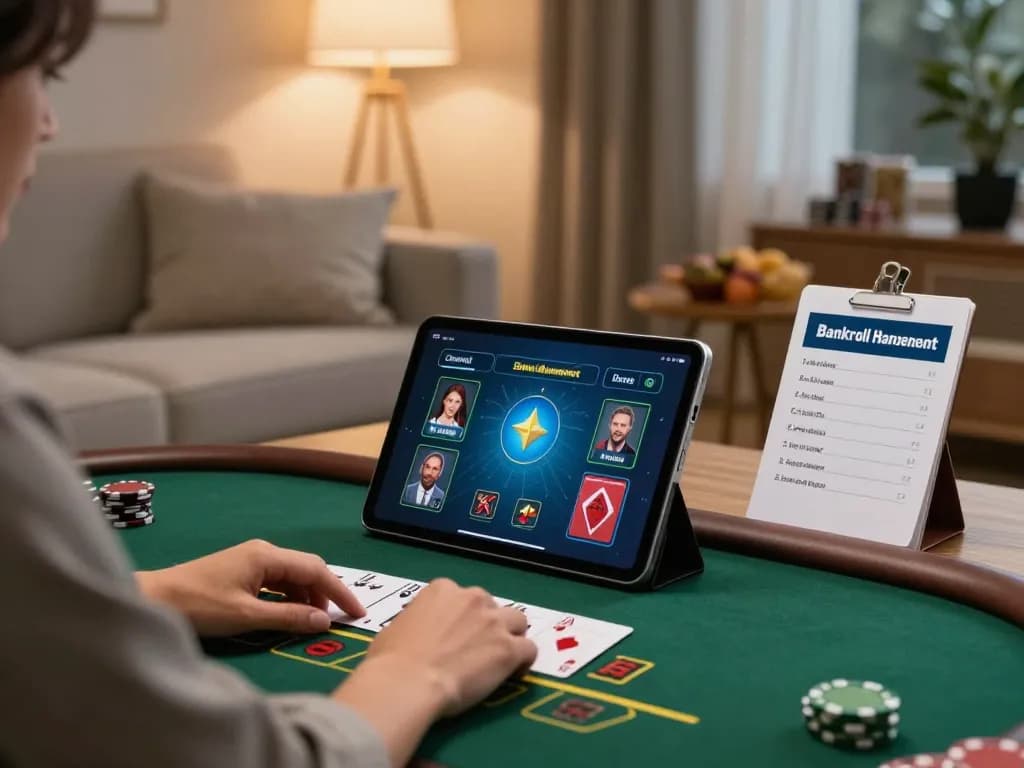 Player enjoying live dealer blackjack on tablet, focusing on bankroll management for 79KING gaming.