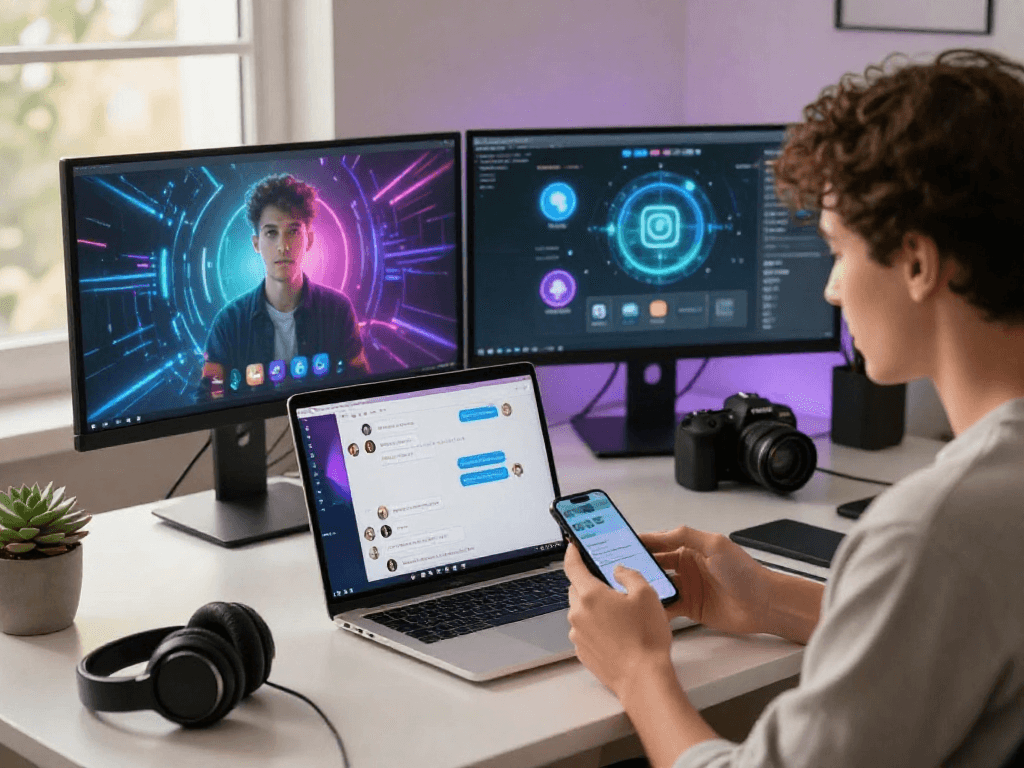 Engaging virtual AI chat interaction with porn ai chat on laptop screen in a modern workspace.