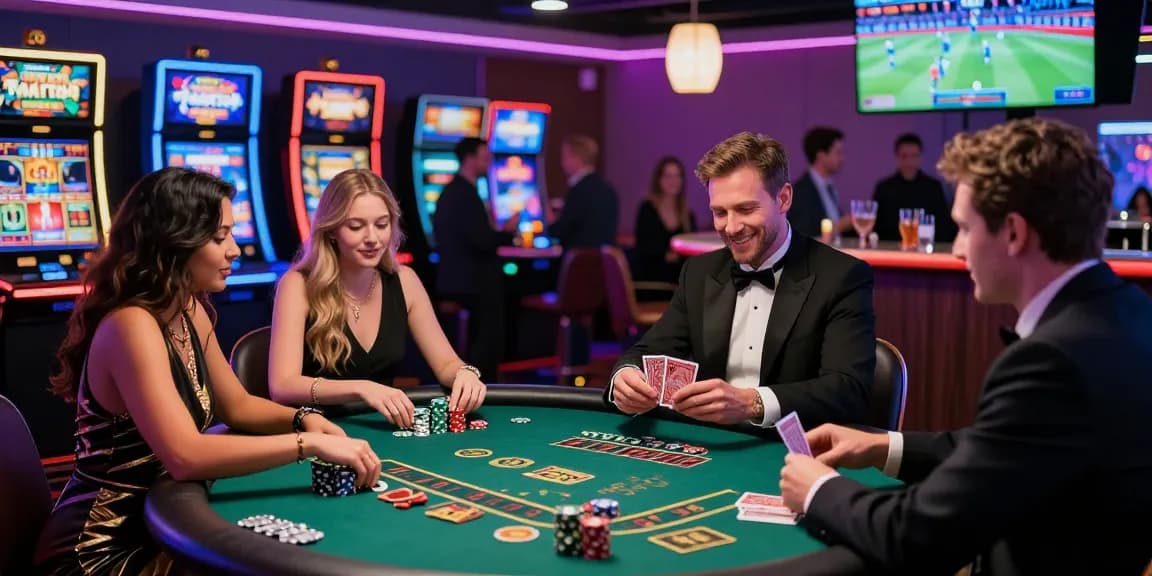 Engaged players enjoying casino non UK games at a vibrant gaming table with neon lights.