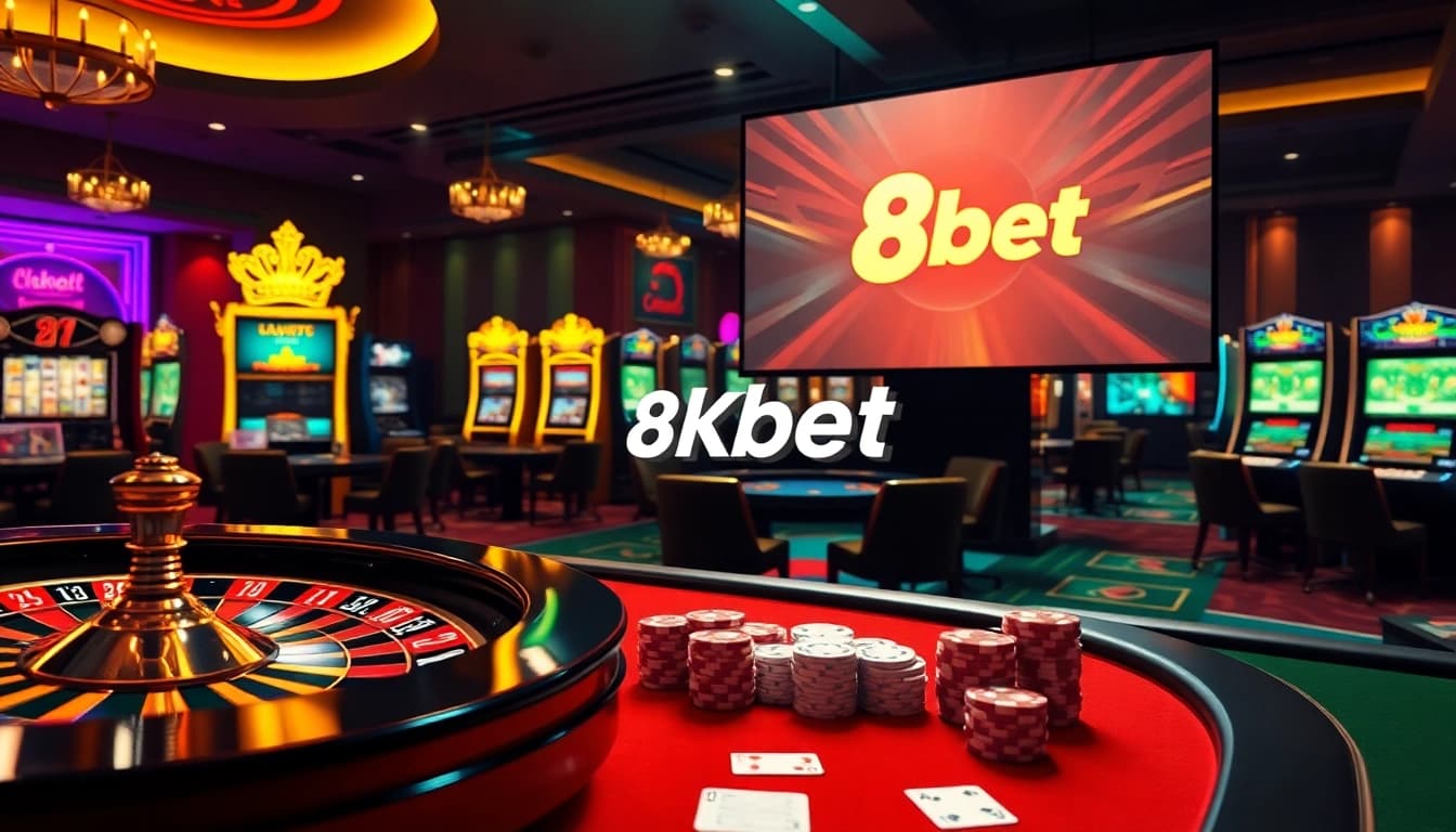 Players enjoying diverse games at nhà cái 8kbet, featuring vibrant casino tables and slot machines.