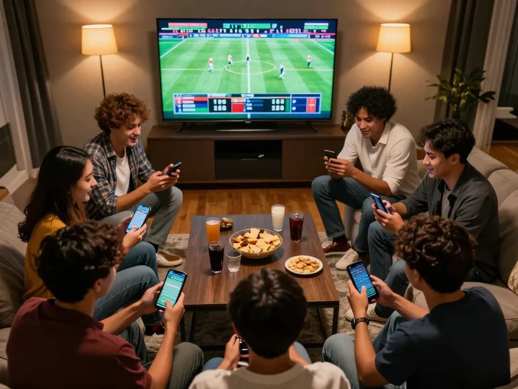 Friends engaging in sports betting using Keonhacai5 app on smartphones during an exciting game.