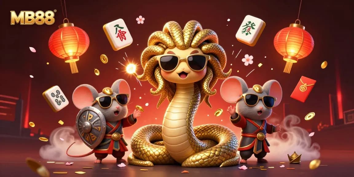 MB88 đang chơi trò chơi casino vui vẻ với Medusa và chuột chiến sĩ trong khung cảnh sôi động