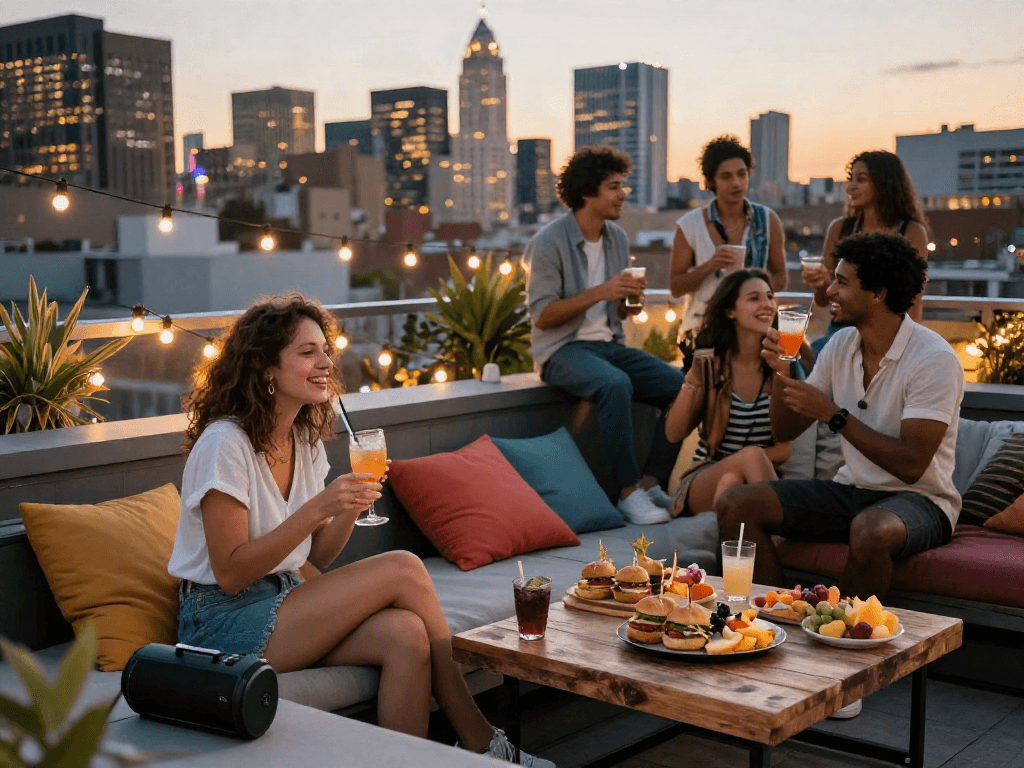 NSFW rooftop party scene with friends enjoying a sunset gathering, vibrant city lights in the background.