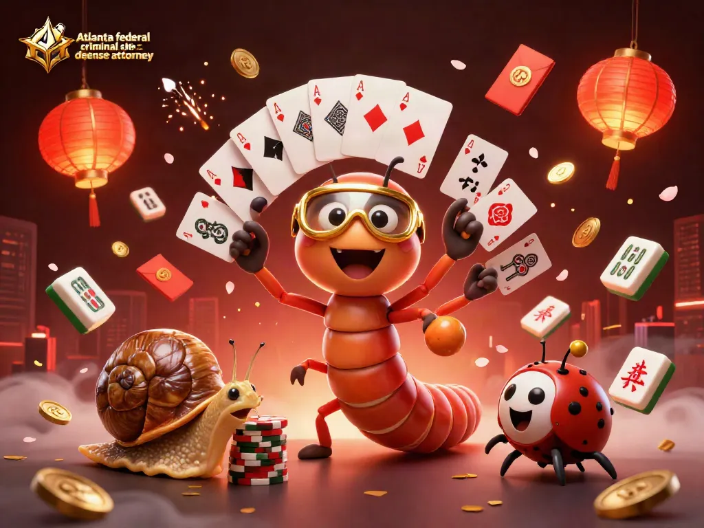 Engaging scene depicting a cartoon millipede dealer and a snail high-roller in a vibrant casino atmosphere, representing Atlanta federal criminal defense attorney.