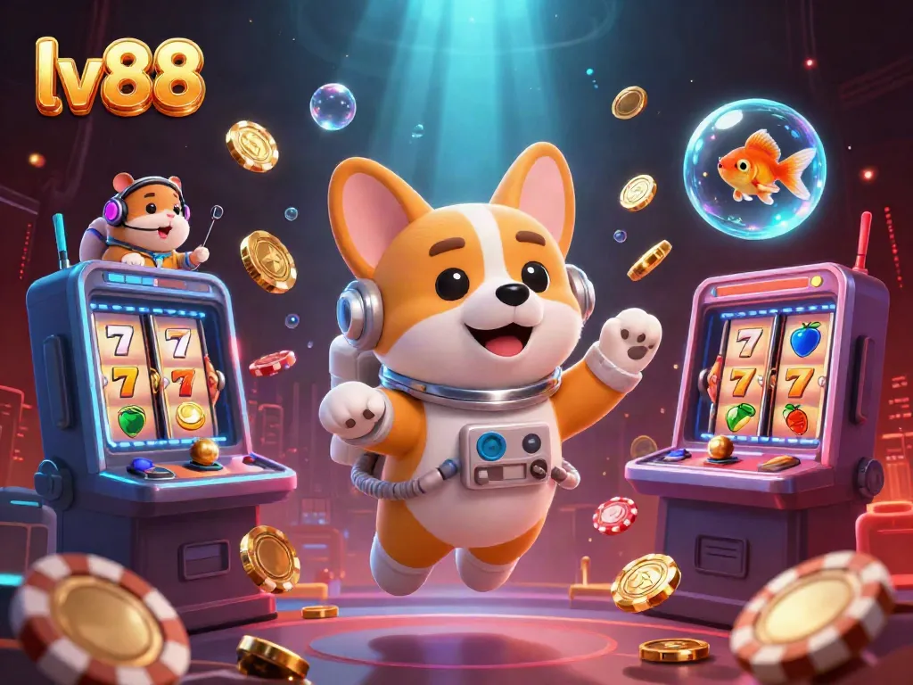 Experience the vibrant lv88 casino universe with a playful floating corgi and glimmering games.