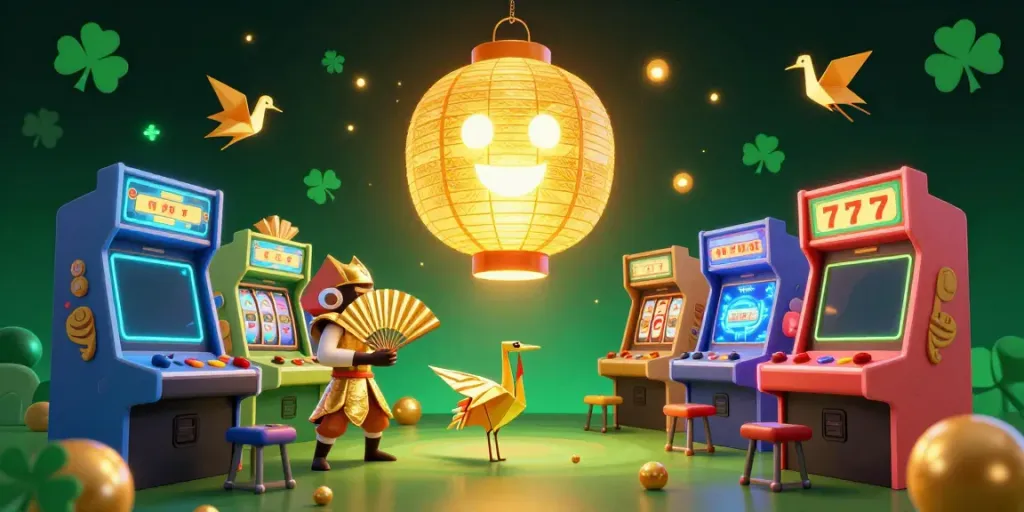 Experience the exciting world of mu88 with dynamic gaming elements and a glowing lantern spirit in this stunning 3D illustration.