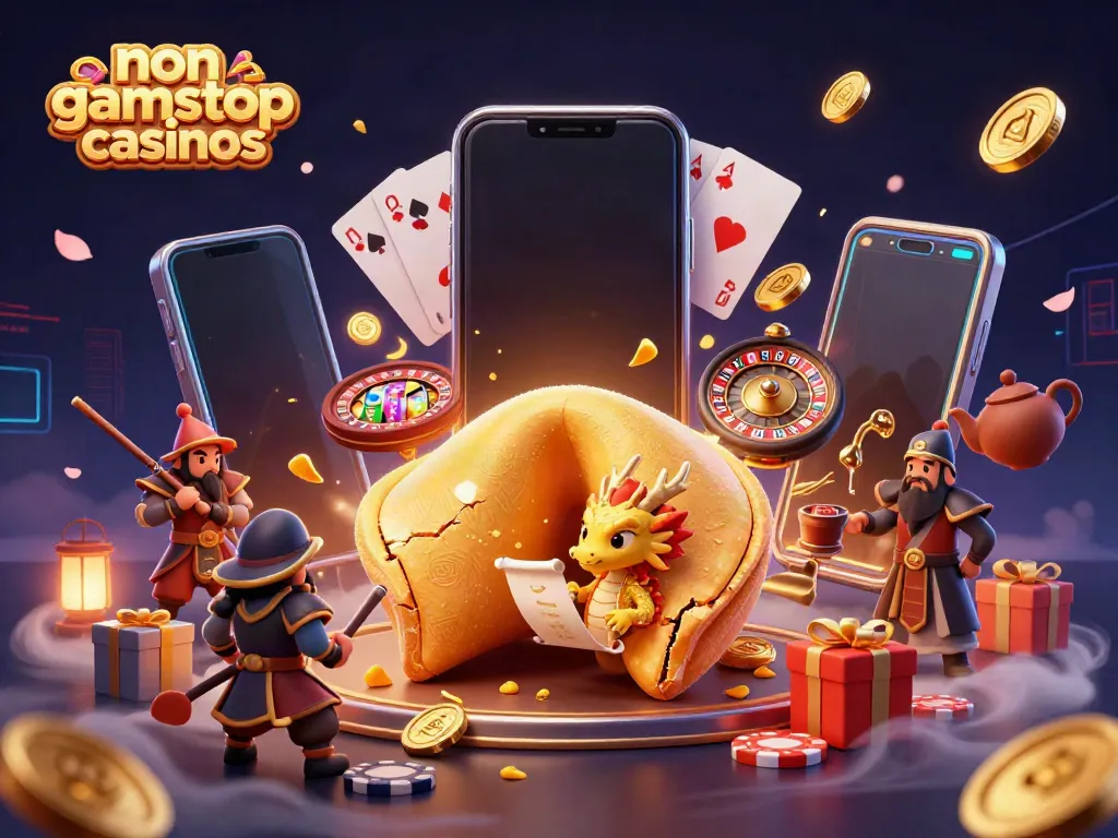 Engage with non gamstop casinos through vibrant 3D illustration featuring dragon and fortune cookie.