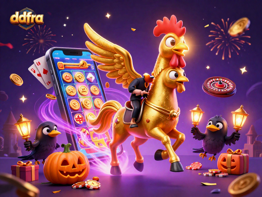 Experience ddfra's vibrant casino adventure with golden rooster, spectral horse, and slot games.