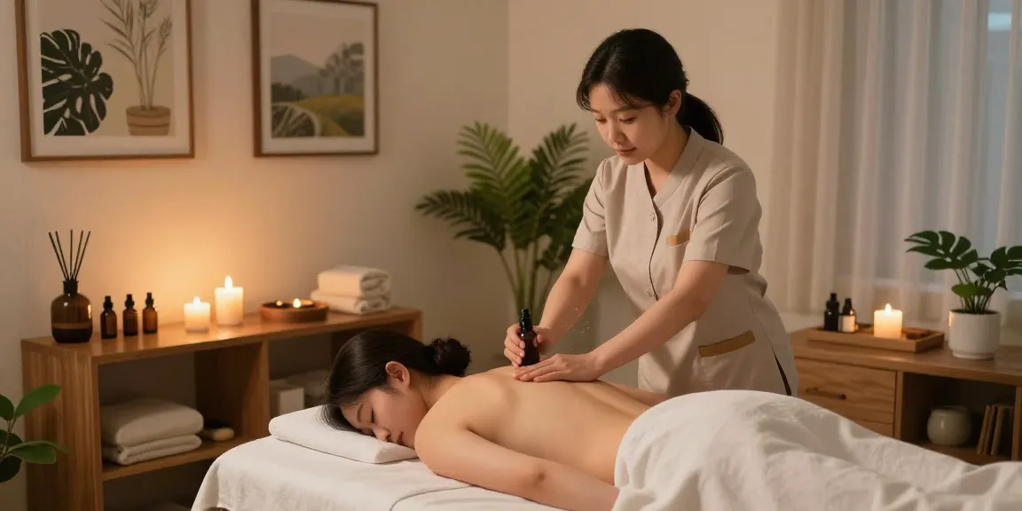 오산출장안마 services in a peaceful massage room with soothing ambiance and therapist applying oils.