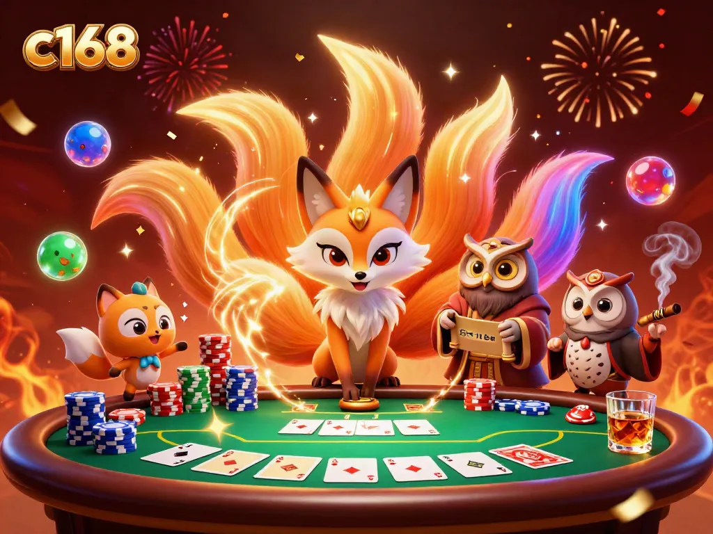 Experience excitement with c168 at this vibrant poker casino scene featuring a mystical nine-tailed fox.