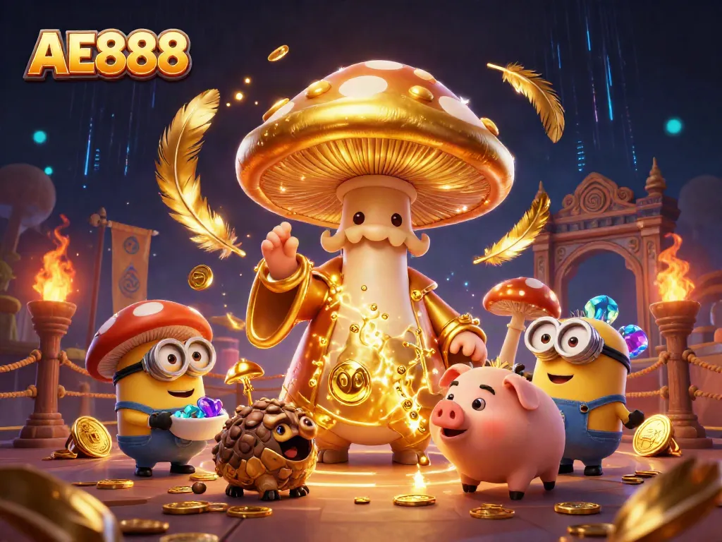 Experience winning magic at AE888 with a golden mushroom wizard and treasure-hunting pig in a vibrant casino scene.