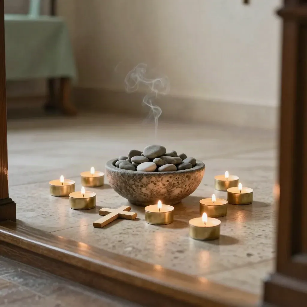 Tea lights, stone prayer bowl, and votive cross glowing softly on a chapel floor.