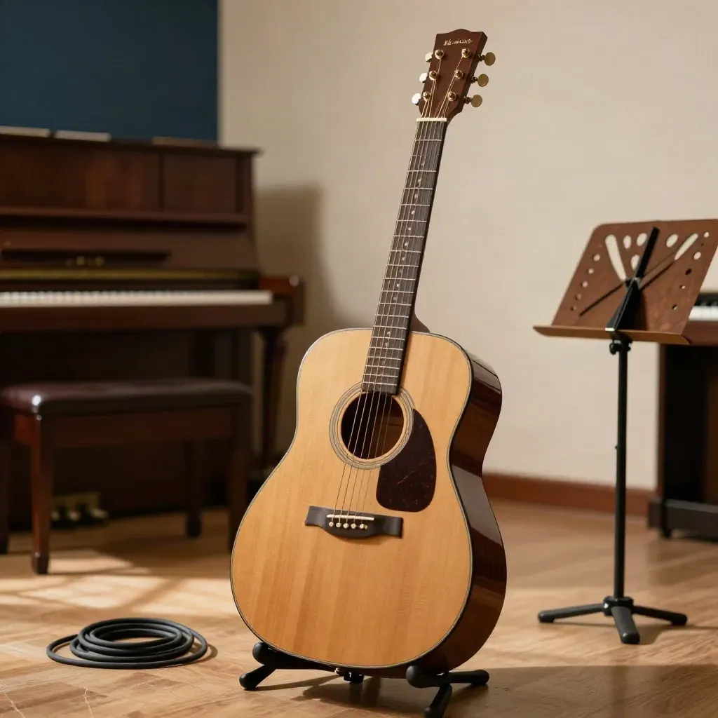 Acoustic guitar, turned music stand and coiled cable beside a piano bench in a church rehearsal corner