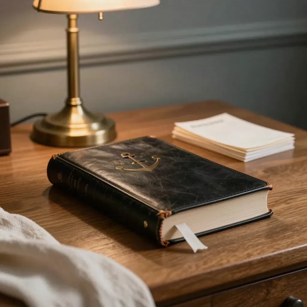 Closed Bible, brass lamp, and face-down sermon notes on a church study desk.