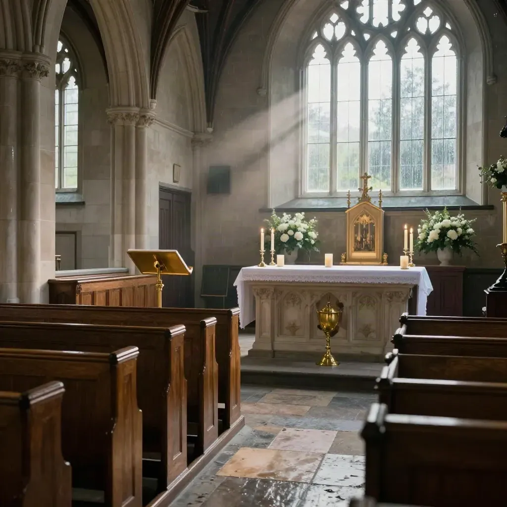 Sunlit church nave with pews, lectern, candles, flowers, and rain-bright windows