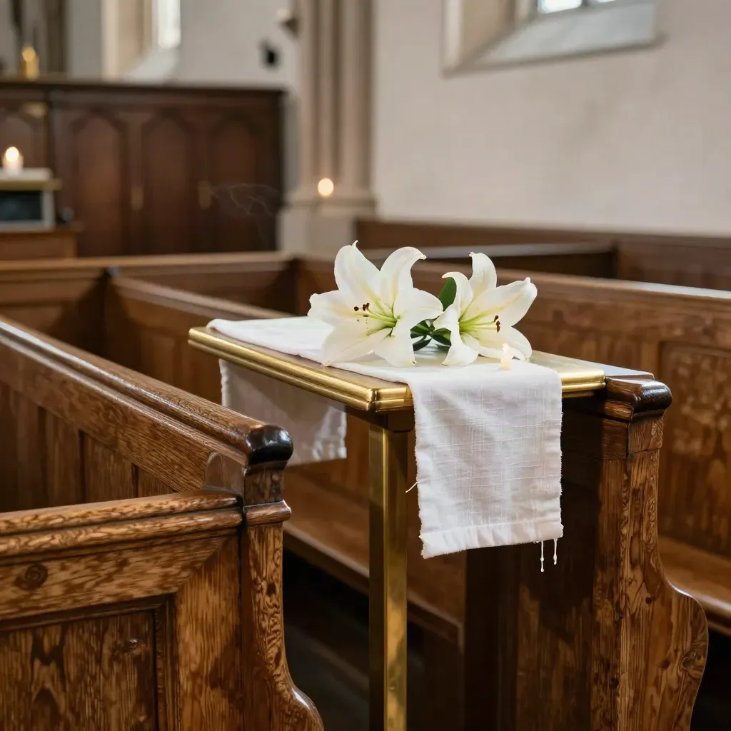 Oak pews, brass lectern and cream altar flowers glowing in the quiet chancel at Lea Brook Church