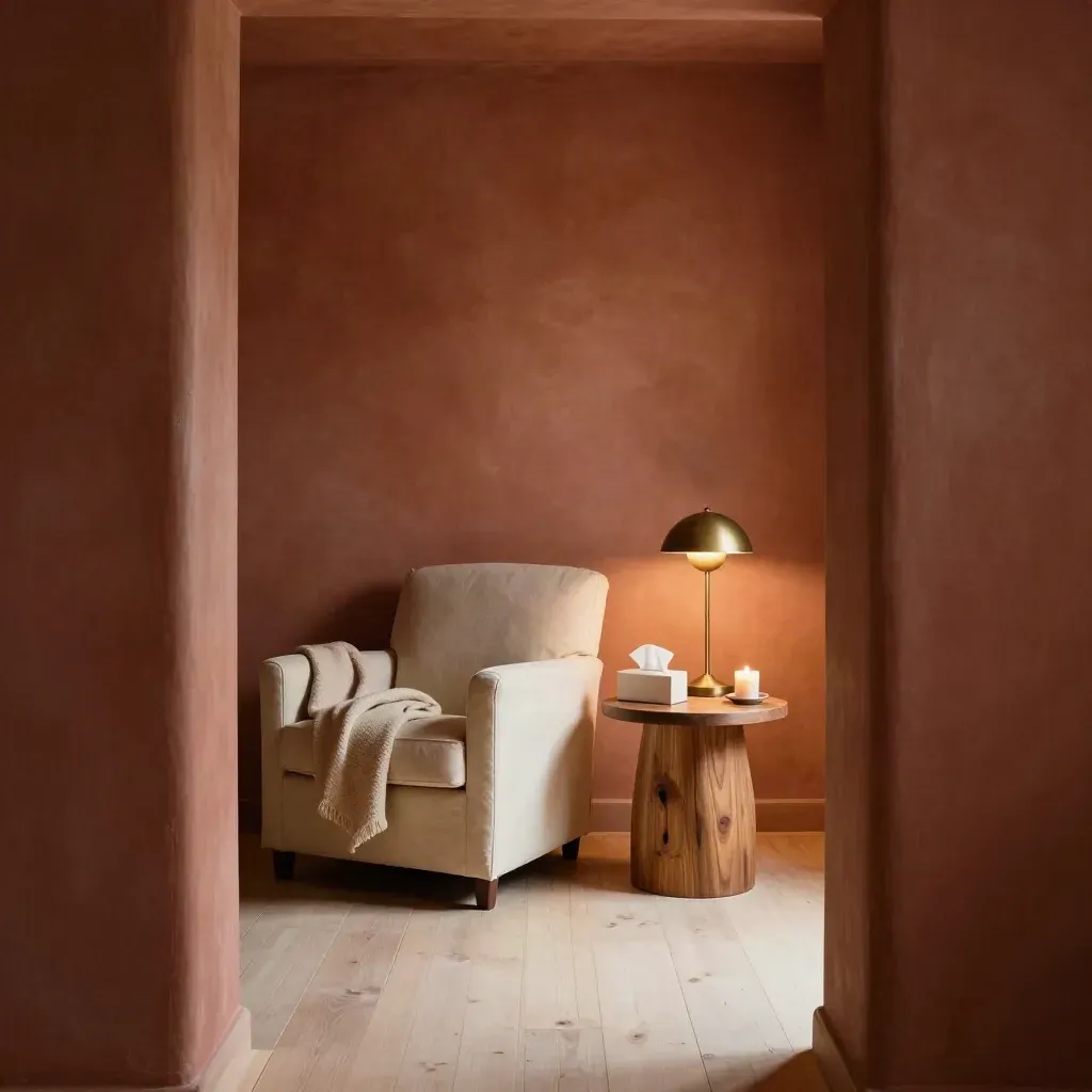 Quiet counselling room with an armchair, throw, tissue box, lamp and candle in warm afternoon light.