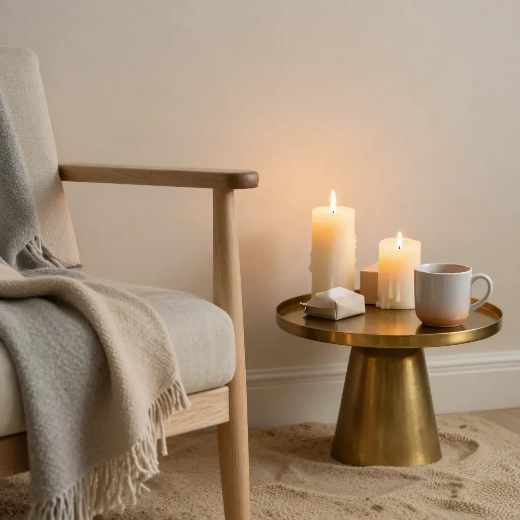 Quiet prayer corner with candles, tissue box, wool throw and chair beside a small table.