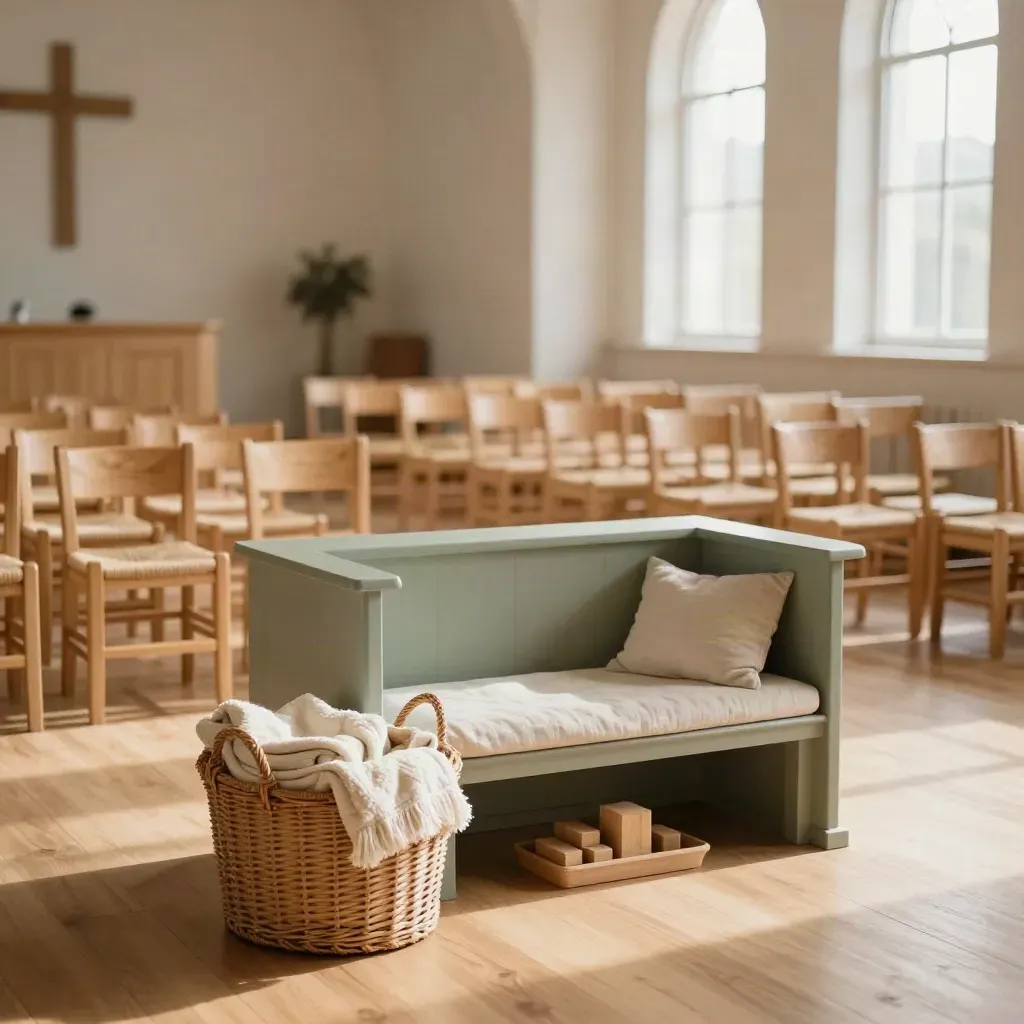 Empty church hall with chairs and a child-height welcome corner ready for families