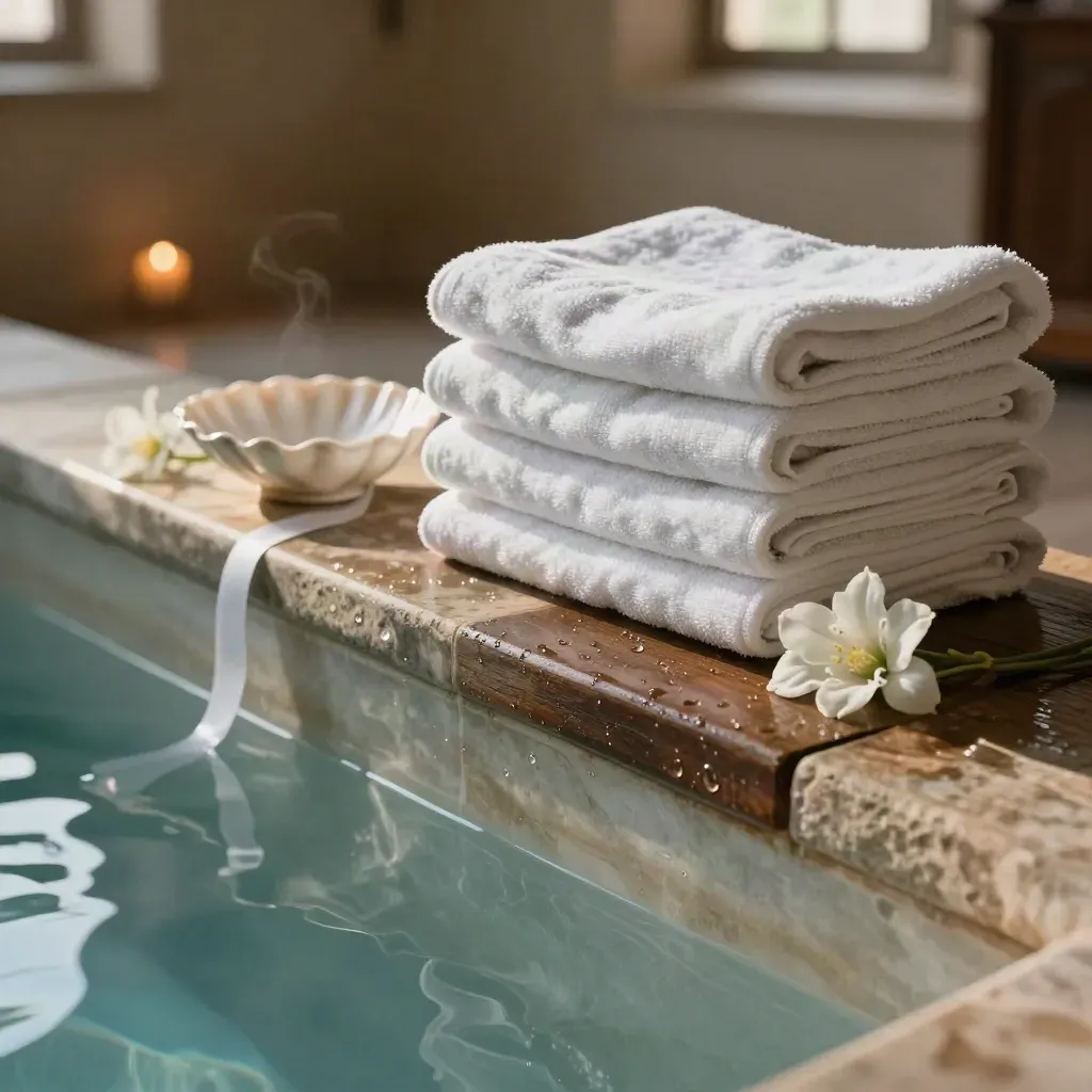 Prepared baptism pool edge with towels, shell bowl, flowers, and still water in soft chapel light