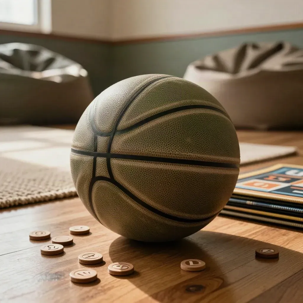 Basketball, game tokens and beanbags in a warm church youth room corner