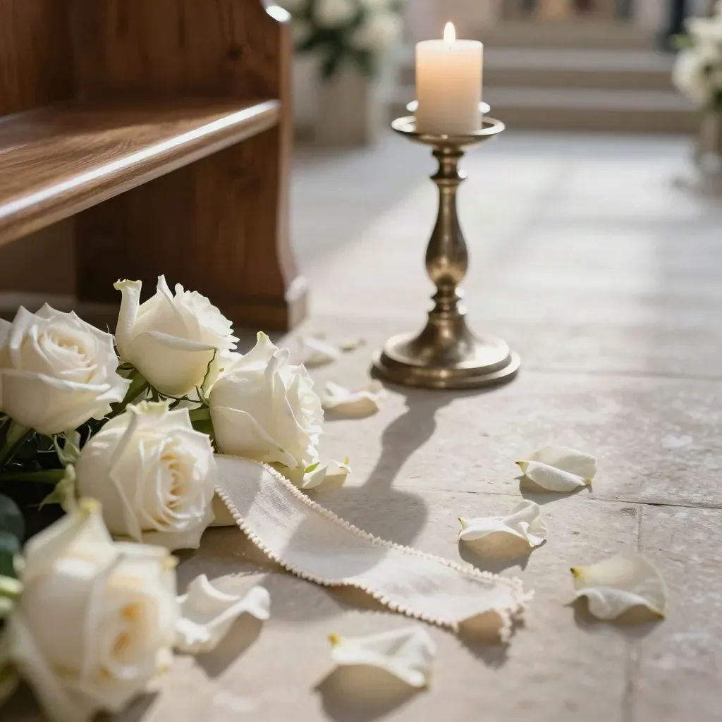 White roses, linen ribbon, candle stands, and hymn bench in a ready church wedding aisle.