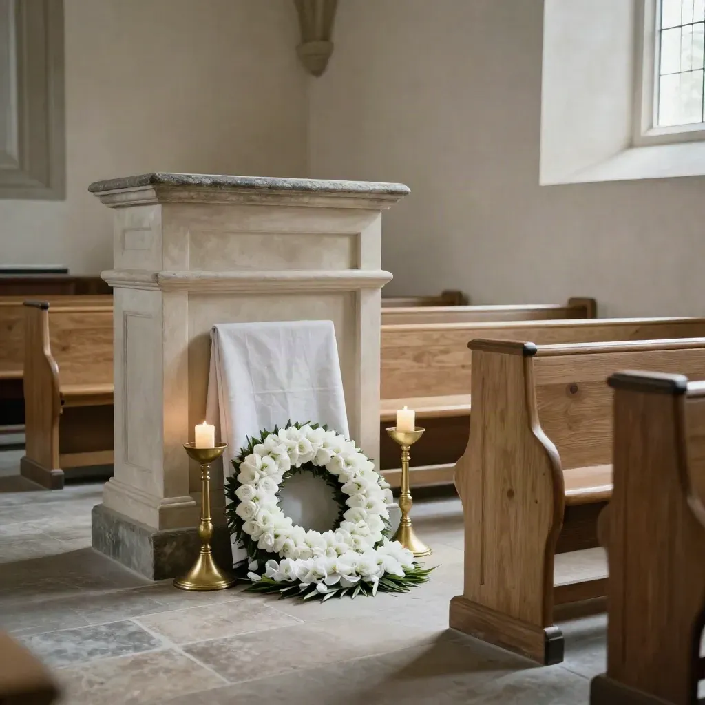 Empty memorial chapel with white wreath, brass candlesticks, and softened window glow.