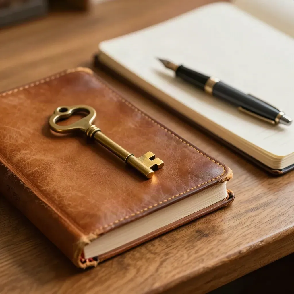 Macro still life of a Bible cover, brass church key, pen and closed notebook on oak.