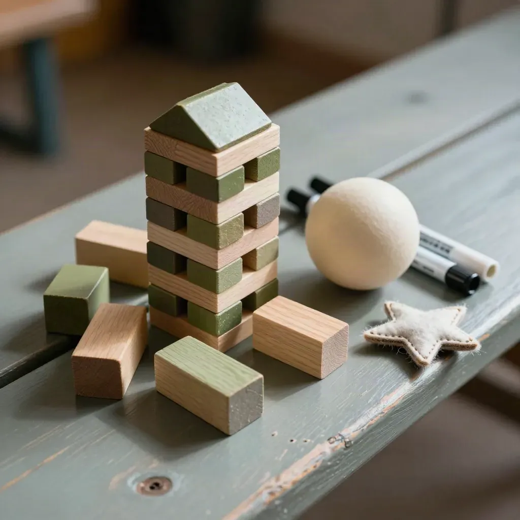 Overhead close-up of wooden game blocks, felt star, ball and marker pens on a youth bench
