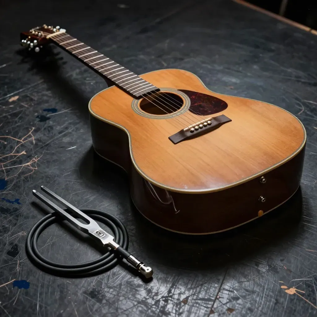 Acoustic guitar, capo, tuning fork and cable on a dark stage floor