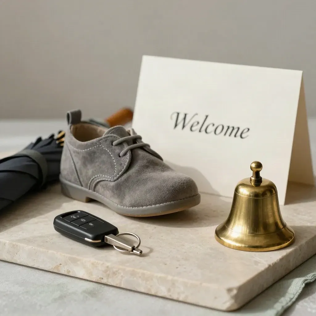 Key, child shoe, umbrella and bell on stone tray, with a welcome card behind.
