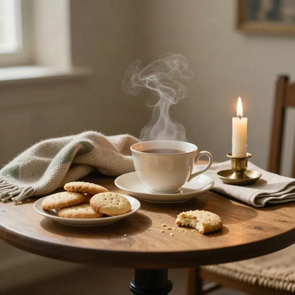 Tea, biscuits, scarf and candle on a small church table in soft daylight
