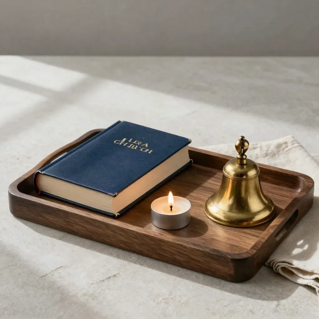 Closed Bible, lit candle and brass handbell on a dark oak tray with warm smoke