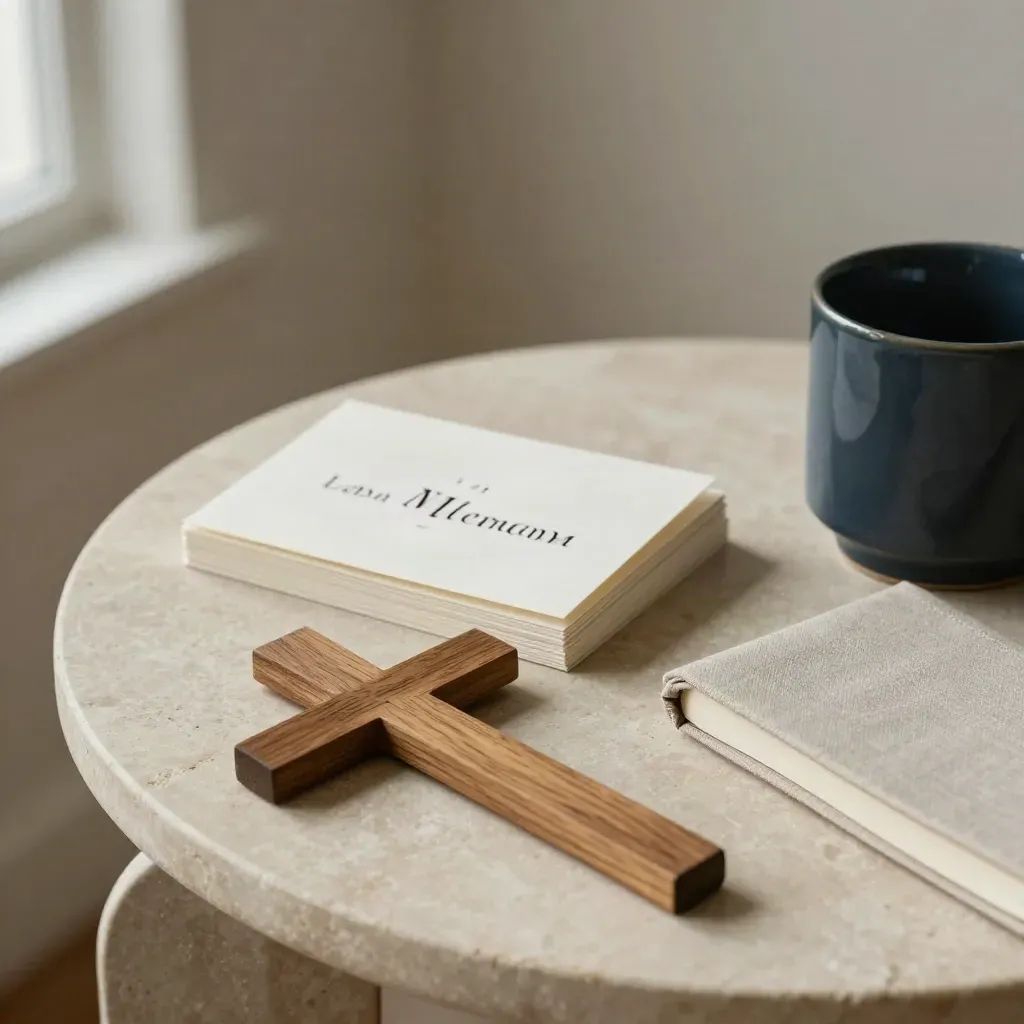 Wooden cross, face-down welcome cards, navy mug and notebook on a limestone side table