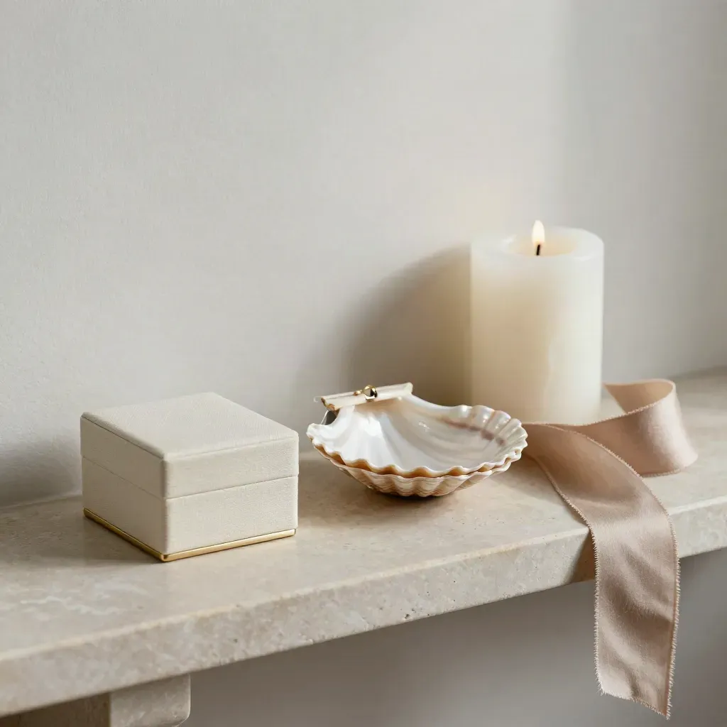 Ring box, baptism shell, candle and wool ribbon on pale stone, ready for future milestones.