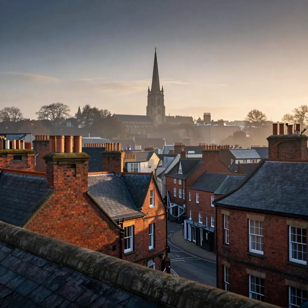 Leicester rooftops and a distant church spire at dusk in warm haze